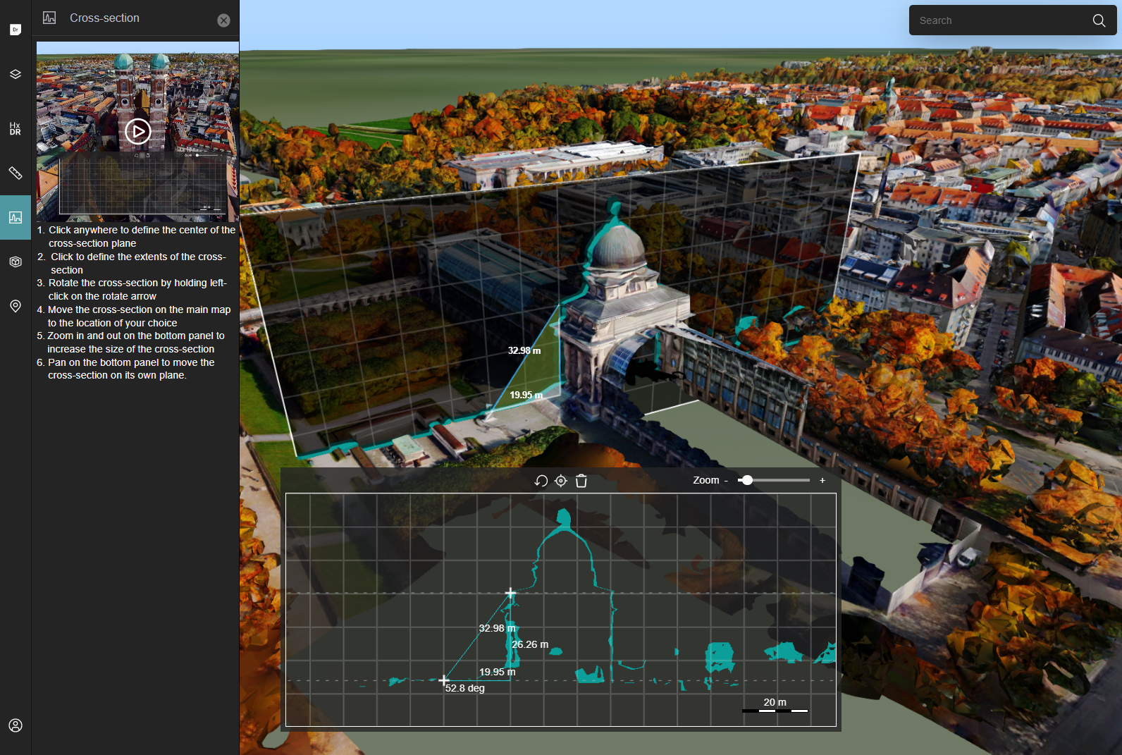 An example of a cross-section shown on the map and in the cross-section panel overlaid on the map.